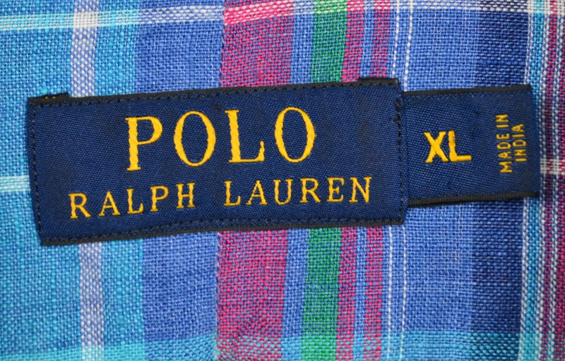 Polo Ralph Lauren Men Sz XL 100% Linen Blue Pink Green Plaid Button-Front Shirt