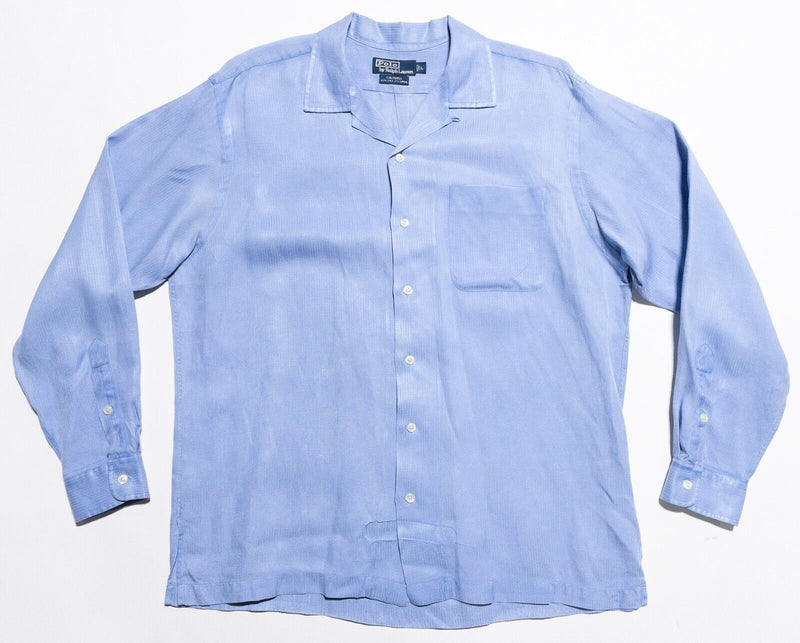 Polo Ralph Lauren Caldwell Shirt Men's Large Silk Linen Blend Loop Collar Blue