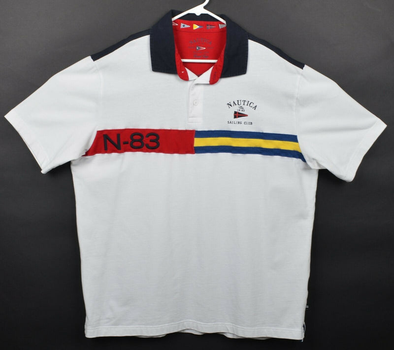 Nautica Men's Sz XL Sailing Club White Stripe Flag Embroidered Polo Rugby Shirt