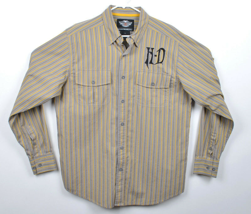 Harley-Davidson Men's Sz Large Gray Yellow Striped Garage Mechanic Biker Shirt