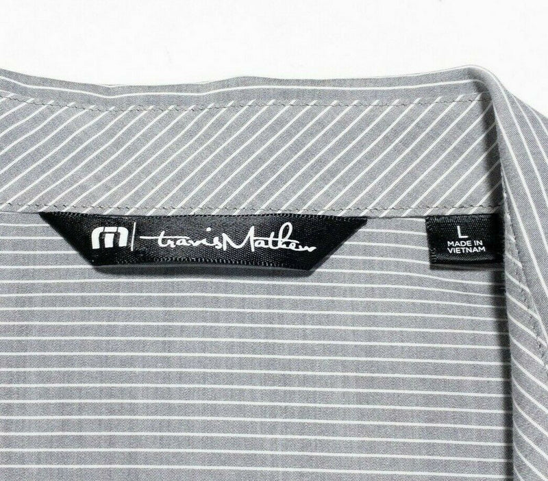 Travis Mathew Button-Up Shirt Men's Large Gray Striped Casual Short Sleeve