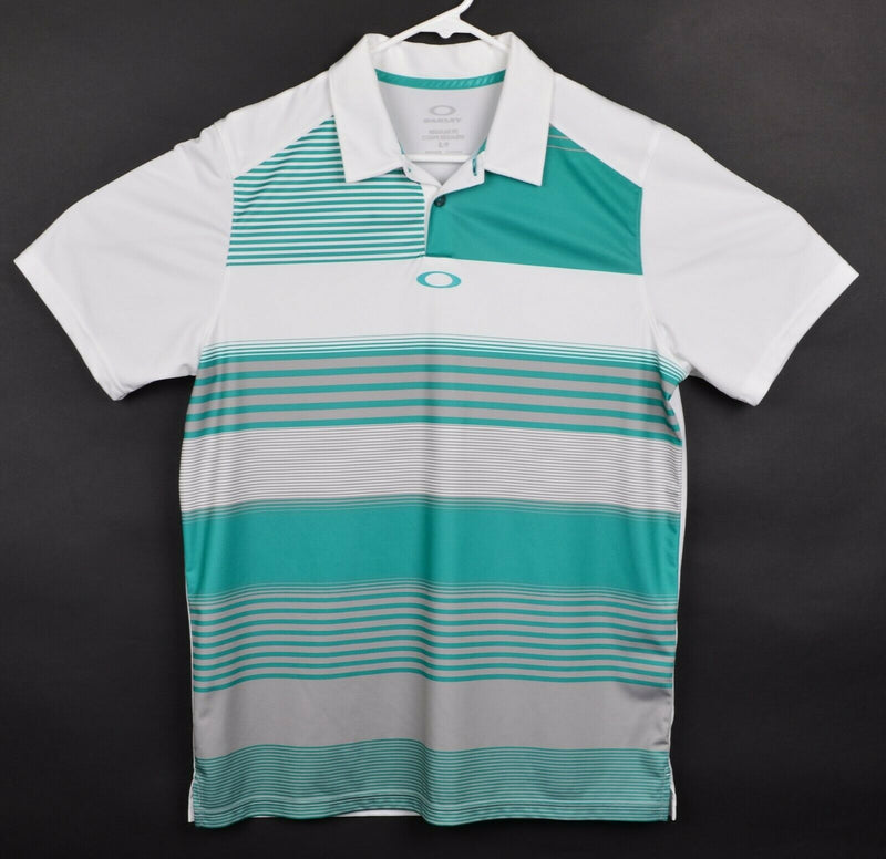 Oakley Hydrolix Men's Small Regular Fit White Teal Green Striped Polo Golf Shirt