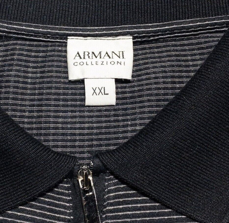 Armani Collezioni Men's Silk Shirt 2XL Long Sleeve Polo 1/4 Zip Black Stripe