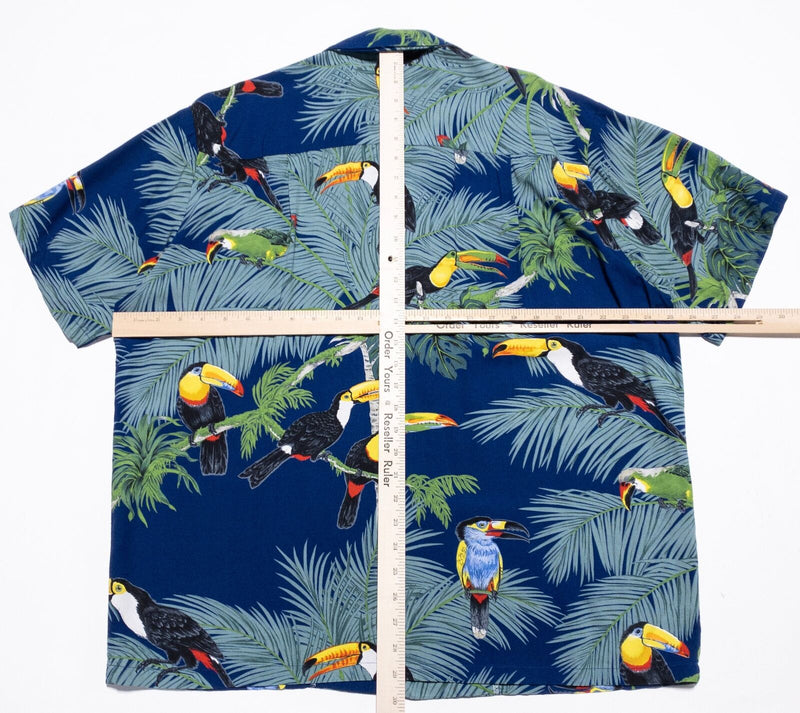 Paradise Found Hawaiian Shirt Men's Large Toucan Bird Print Floral Blue Green