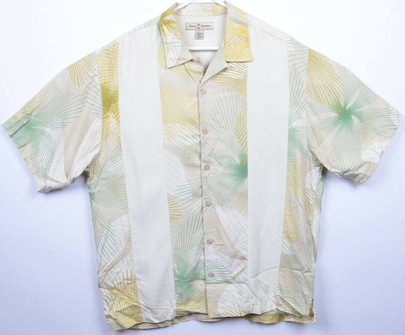 Tommy Bahama Men's Large 100% Silk Floral Panel Striped Hawaiian Camp Shirt