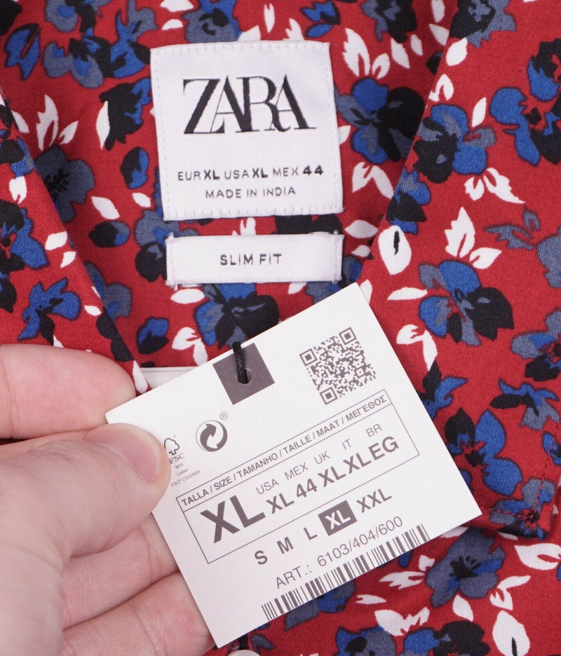 Zara Men's XL Slim Fit Floral Print Red Blue Long Sleeve Button-Front Shirt