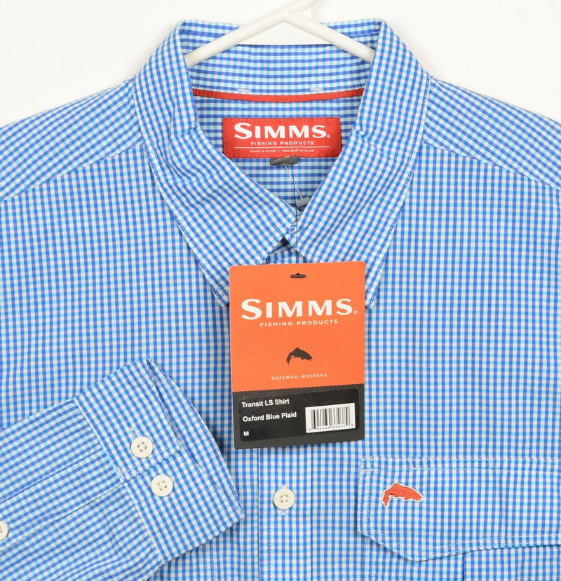 Simms Men's Medium Fishing Oxford Blue Plaid Check Long Sleeve Transit LS Shirt