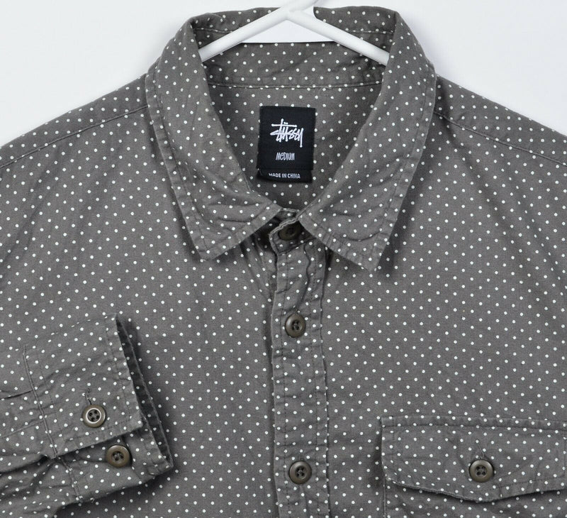 Stussy Men's Medium Gray White Polka Dot Long Sleeve Button-Front Shirt