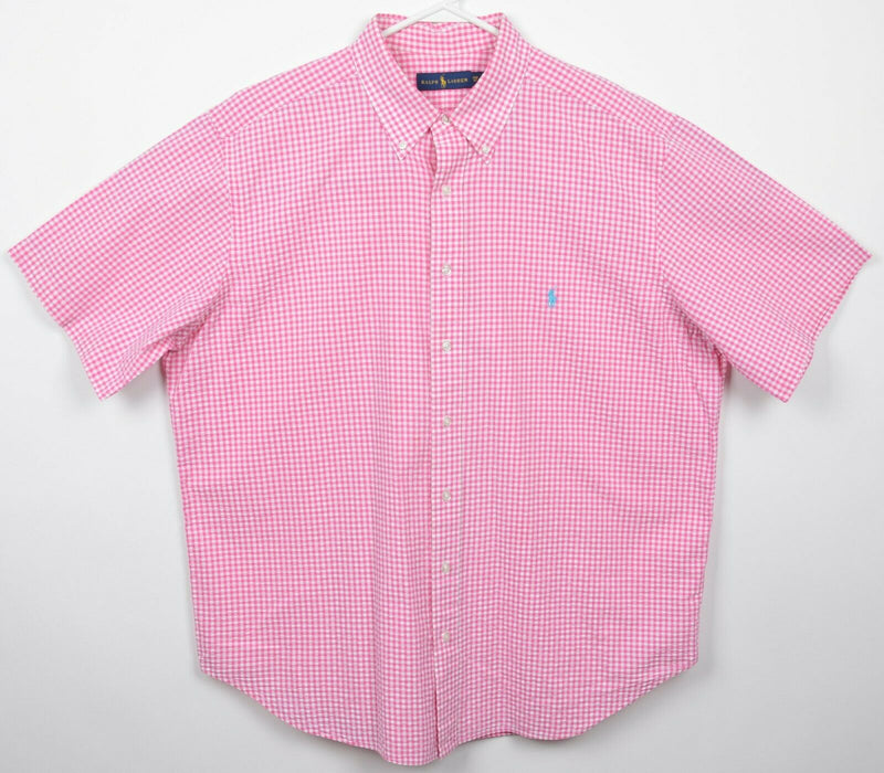Polo Ralph Lauren Men's 1X Big Pink Gingham Check Seersucker Button-Down Shirt