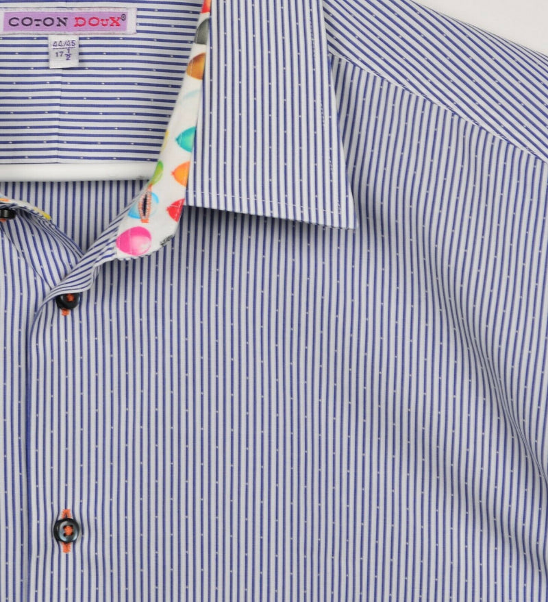 Coton Doux Men's 17.5 Flip Cuff Balloon Blue Striped Button-Front Shirt