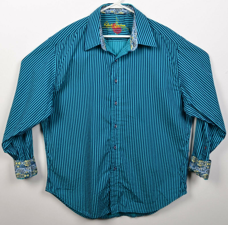 Robert Graham Men's 2XL Flip Cuff Paisley Blue Aqua Striped Button-Front Shirt