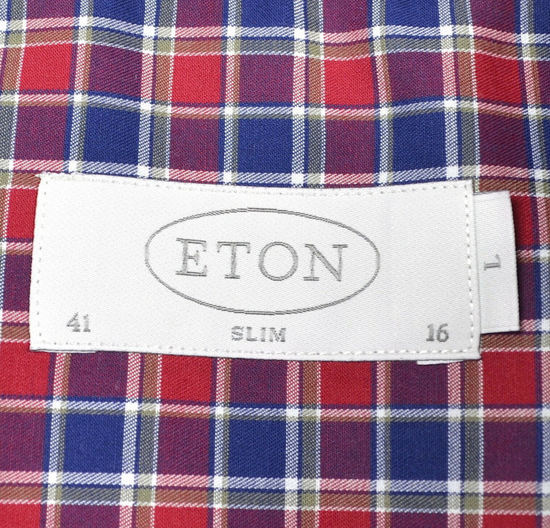 ETON Men's 41/16 Slim (Large) Red Blue Plaid York Button-Down Dress Shirt