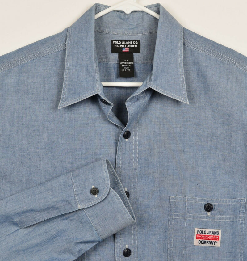 Polo Jeans Ralph Lauren Men's Sz Large Workwear Blue Chambray Long Sleeve Shirt