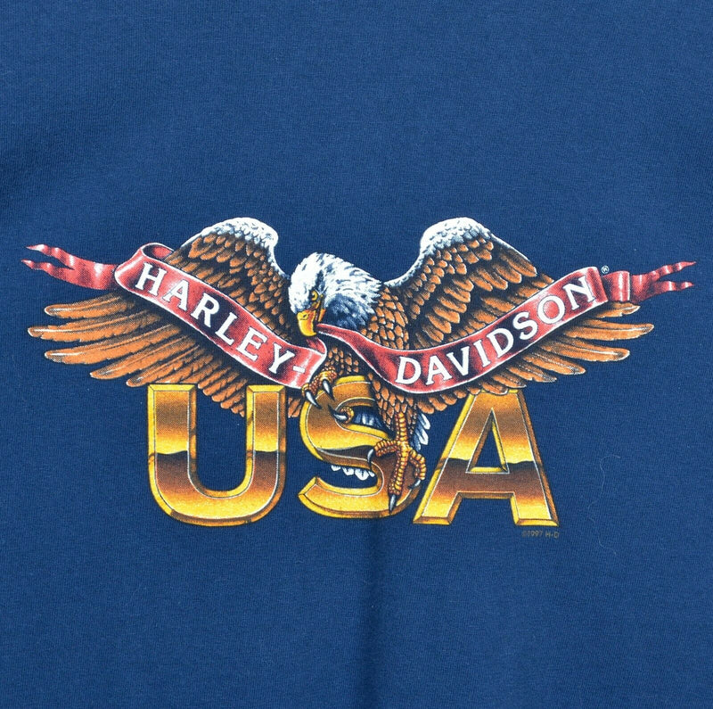 Vintage 90s Harley-Davidson Men's Large USA Gold Bald Eagle Blue Texas T-Shirt