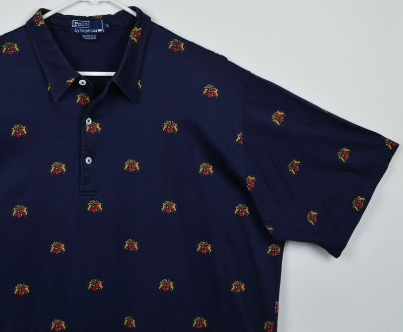 Polo Ralph Lauren Men's XL Crest Logo Horse King Patterned Navy Blue Polo Shirt