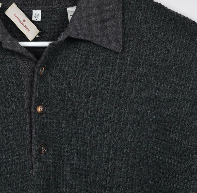 Ermenegildo Zegna Men's Large Wool Knit Gray Waffle-Knit Collared Shirt Sweater