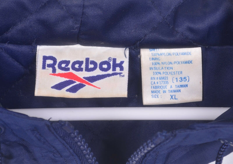 Vintage 90s Reebok Men's XL Big Logo White Blue Hooded Spell Out Puffer Jacket