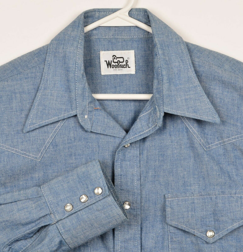 Vintage Woolrich Men's XL? Denim Blue Pearl Snap Western Rockabilly Shirt