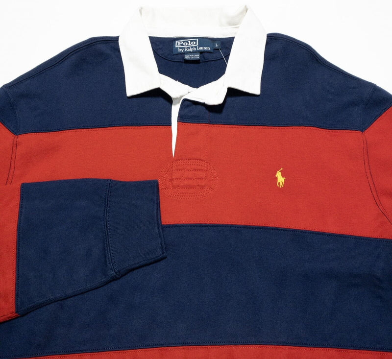 Polo Ralph Lauren Rugby Large Mens Long Sleeve Polo Shirt Blue Red Chunky Stripe