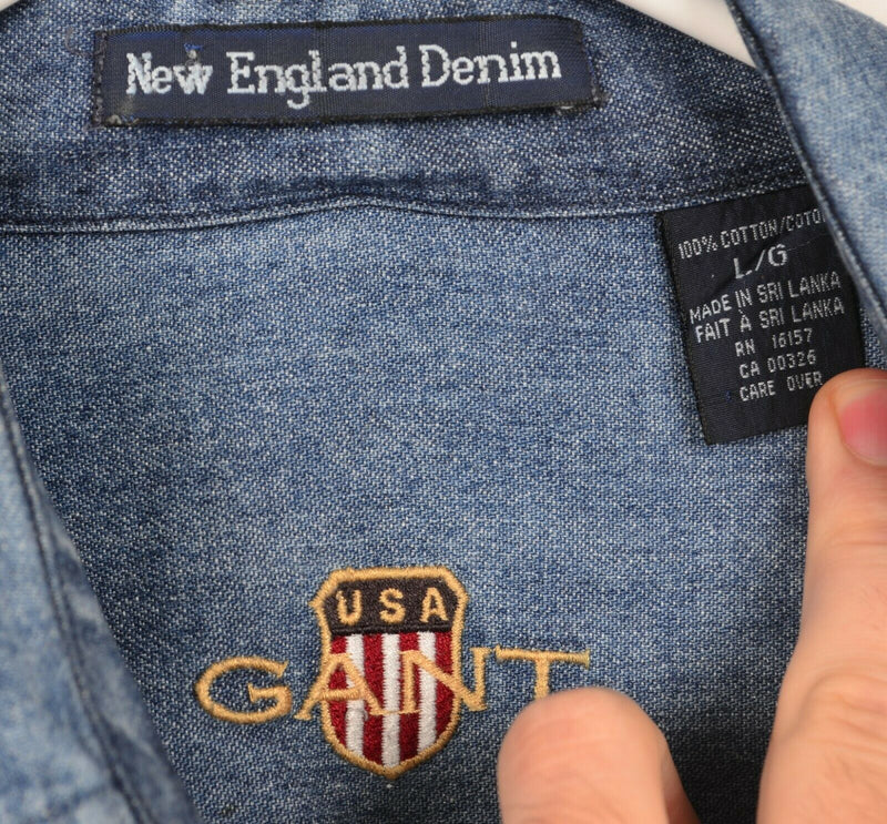 Vtg GANT Men's Sz Large New England Denim Crest Logo Blue Button-Down Shirt