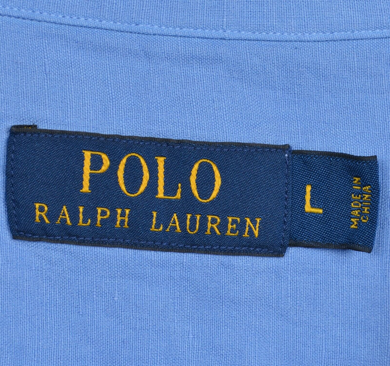 Polo Ralph Lauren Men's Large Linen Silk Blend Solid Blue Hawaiian Camp Shirt