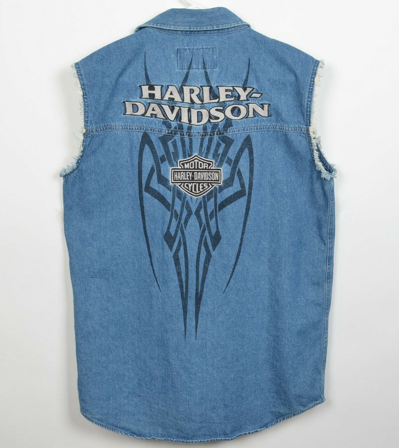 Harley-Davidson Men's Small Denim Blue Snap-Front Tribal Cutoff Biker Vest