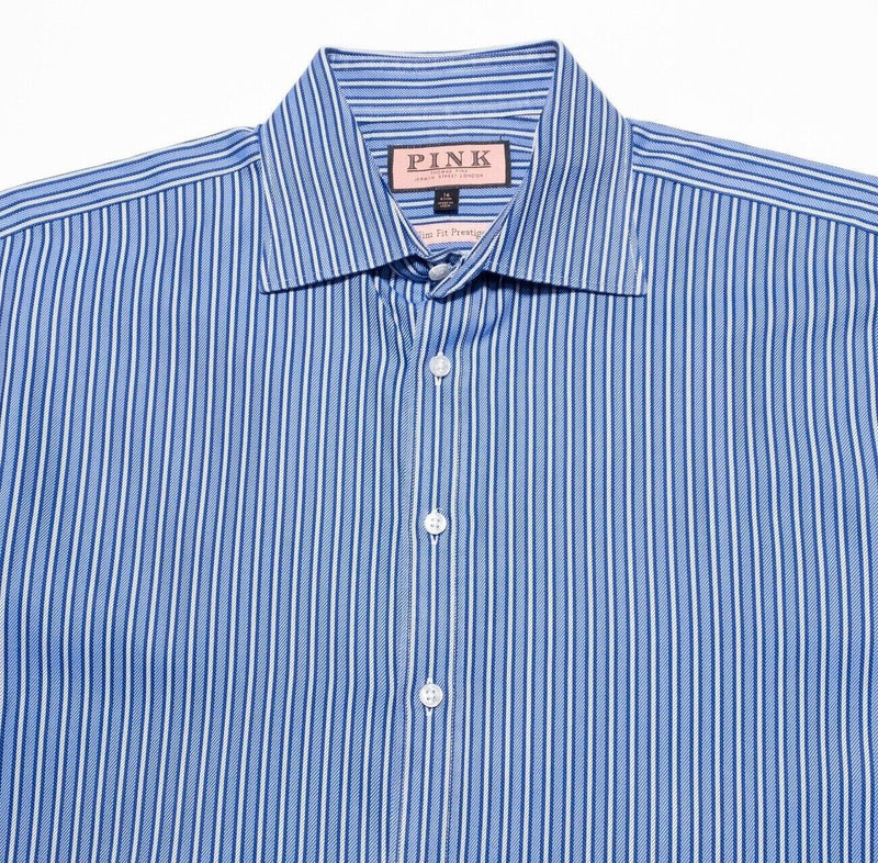 Thomas Pink 16 Slim Fit Prestige Men's French Cuff Dress Shirt Blue Striped