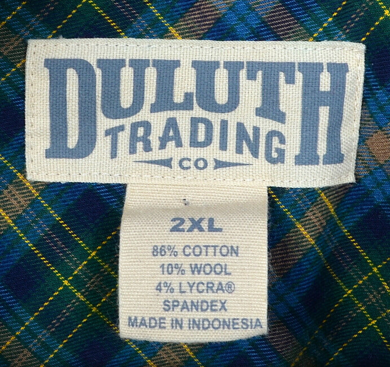Duluth Trading Co Men's 2XL Green Plaid Cotton Wool Button-Down Flannel Shirt