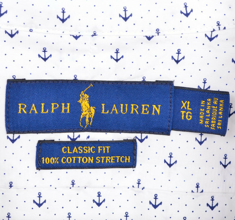 Polo Ralph Lauren Men's XL Anchor Pattern White Blue Stretch Button-Down Shirt