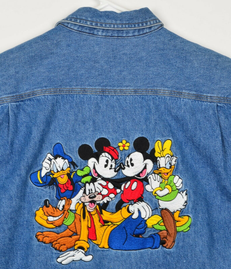 Vtg Disney Store Men's Small Denim Embroidered Mickey Minnie Donald Pluto Shirt