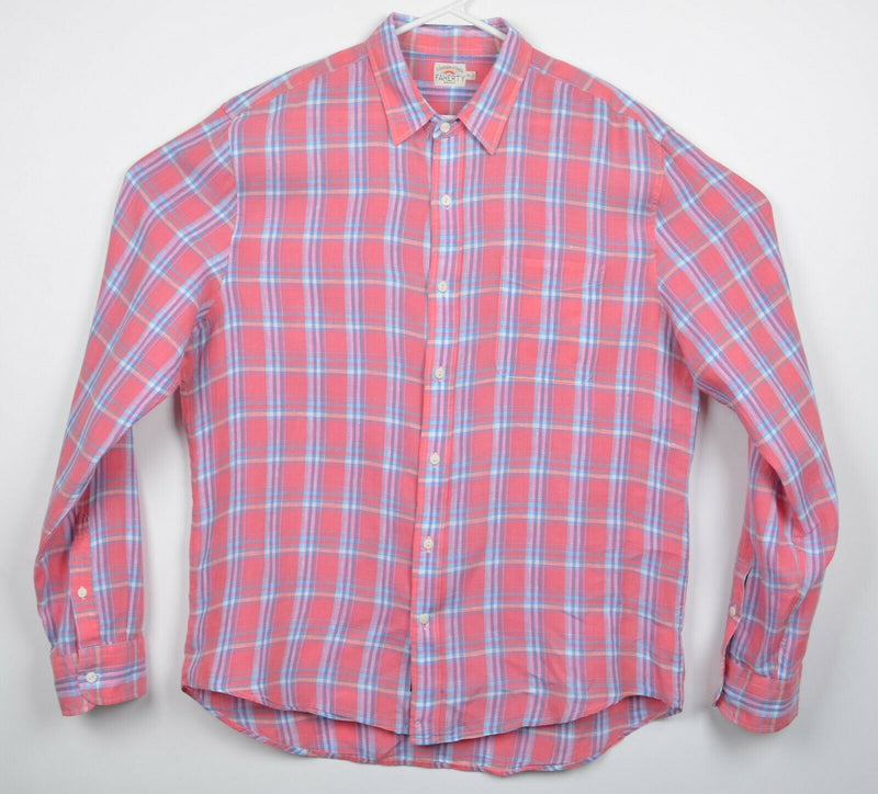 Faherty Men's XL 100% Linen Pink Blue Plaid Long Sleeve Button-Front Shirt