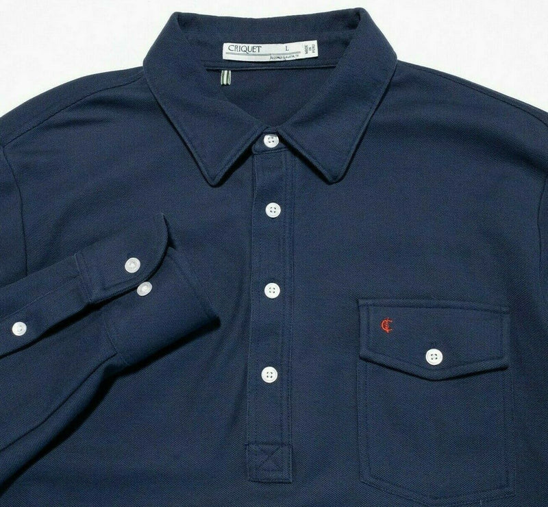 Criquet Long Sleeve Polo Shirt Pocket Solid Navy Blue Collared Men's Large