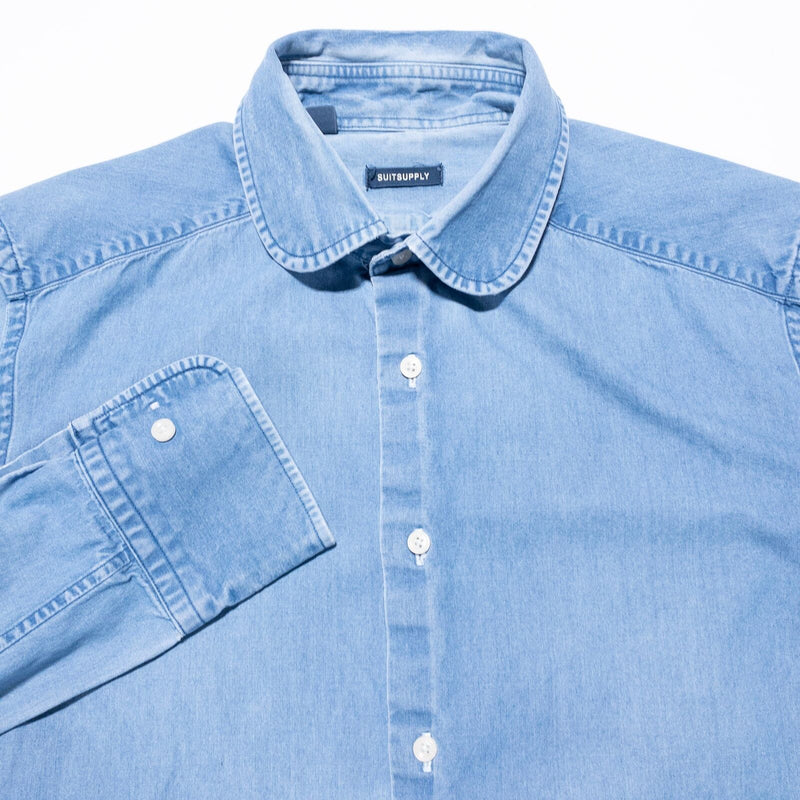 Suitsupply Denim Shirt Men 15 (Medium) Club Collar Indigo Blue Button-Up Albiate