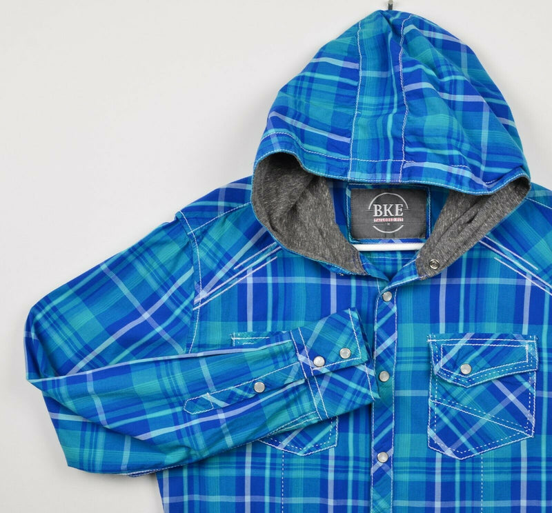 BKE Men's Sz Medium Tailored Fit Pearl Snap Blue Plaid Western Hoodie Shirt