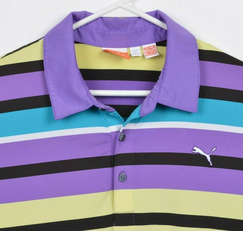 Puma Dry Cell Men Large Purple Yellow Striped Polyester Wicking Golf Polo Shirt