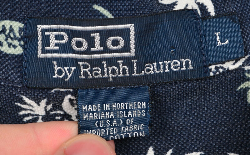 Vtg Polo Ralph Lauren Men's Sz Large Pineapples Floral Navy Blue Polo Shirt