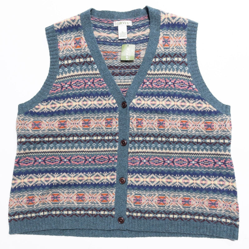 Orvis Fair Isle Sweater Vest Women's XL Multicolor Geometric Button-Up Wool Knit