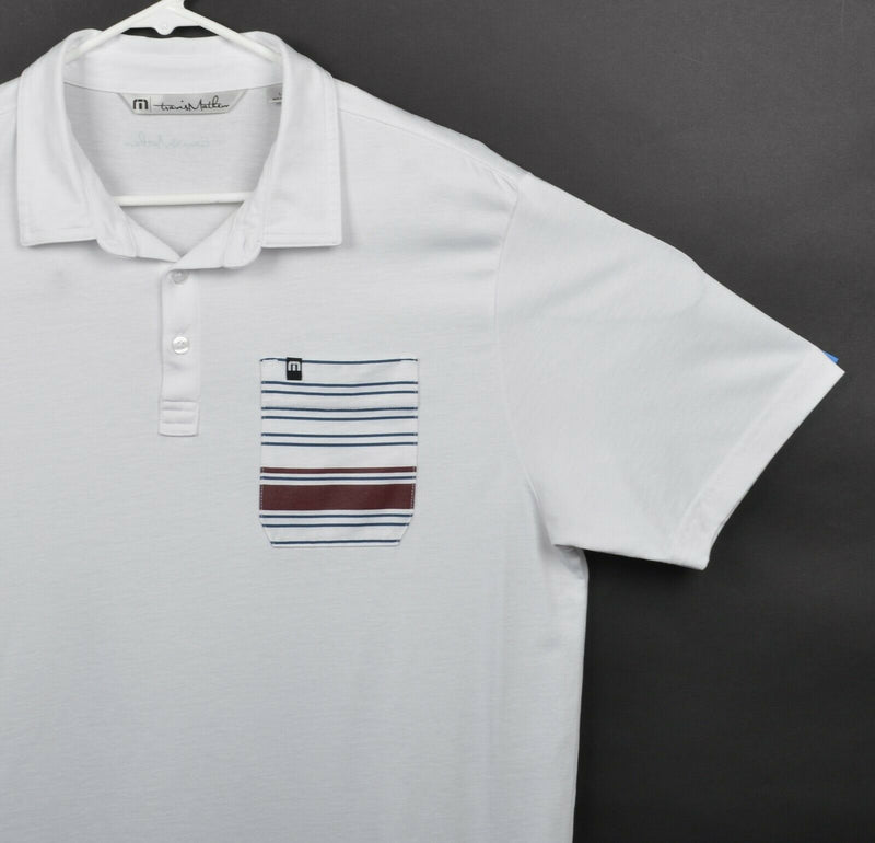 Travis Mathew Men's Sz Large Pocket Stripe White Performance Golf Polo Shirt