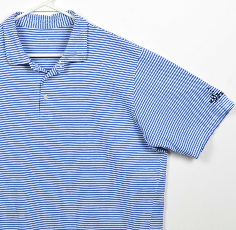 B. Draddy Men's Large Blue White Striped Pima Cotton Spandex Golf Polo Shirt