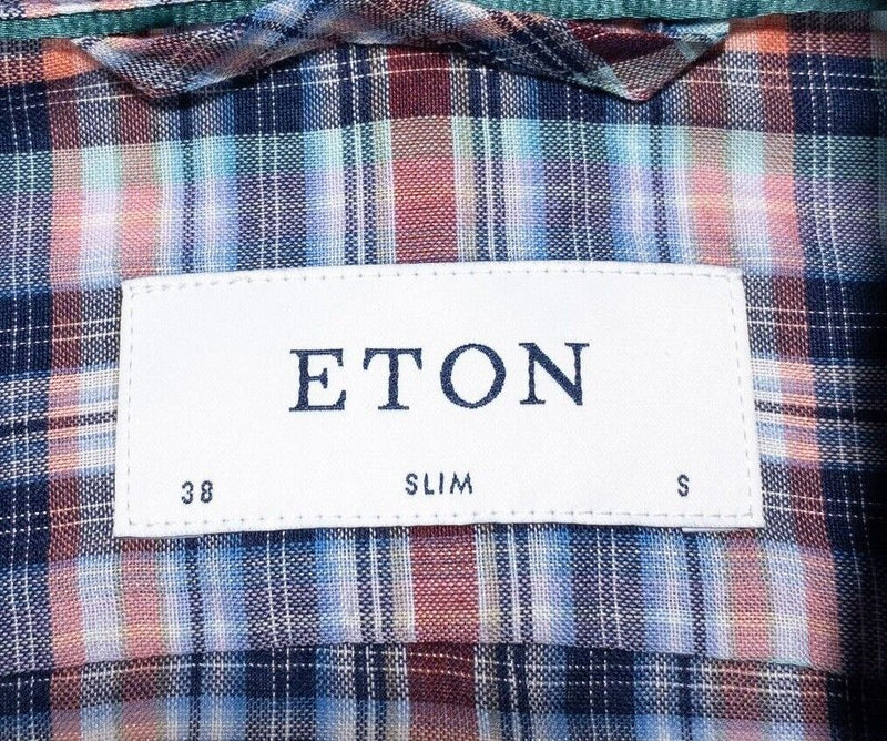 Eton Shirt 15/38 Small Slim Fit Men's Blue Orange Plaid Long Sleeve Button-Down