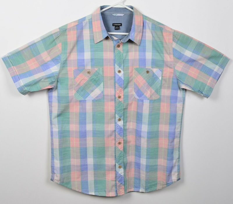 J. Peterman Men's Large Pink Blue Green Plaid Short Sleeve Button-Front Shirt