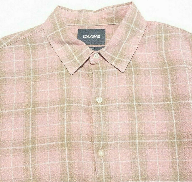 Bonobos Linen Men's Large Slim Fit Pink Plaid Long Sleeve Button-Front Shirt