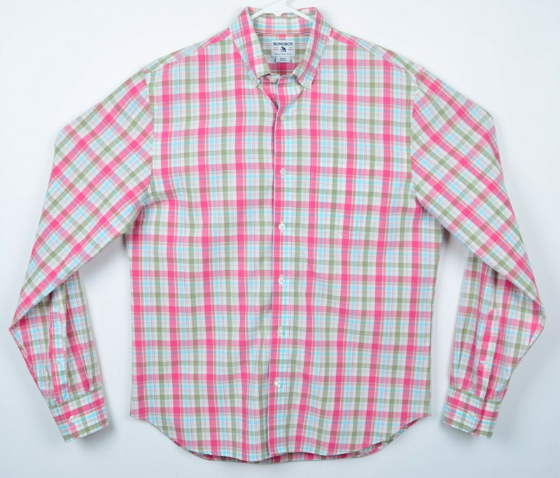 Bonobos Men's Sz Medium Pink Green Blue Plaid Long Sleeve Button-Down Shirt