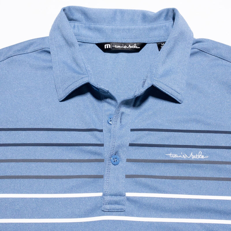 Travis Mathew Polo Shirt Mens Medium Golf Blue Striped Wicking Stretch Polyester