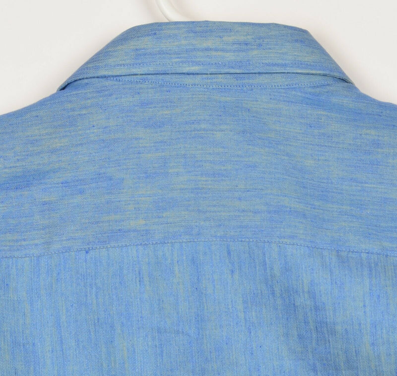 Armani Collezioni Men's Large Linen Blend Blue/Green Button-Front Shirt