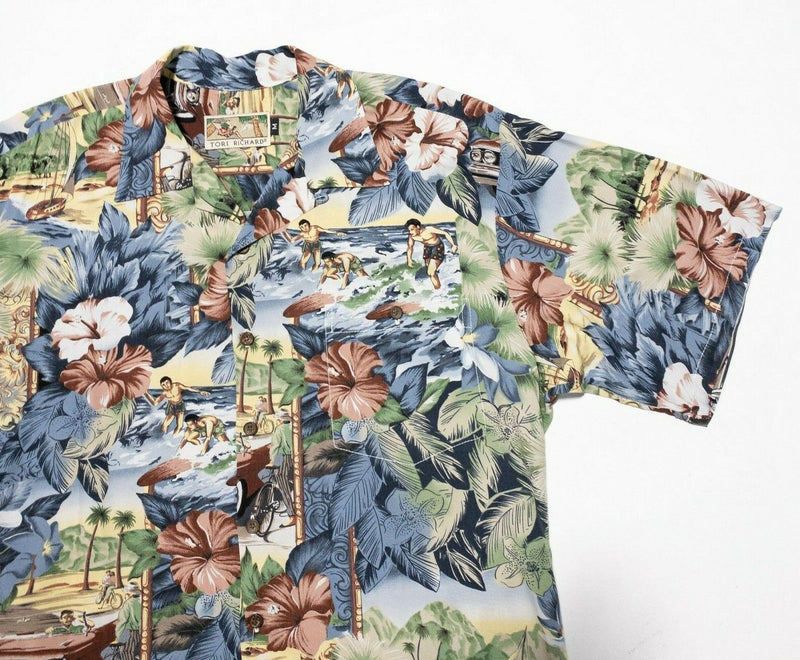 Tori Richard Hawaiian Shirt Medium Men's Floral Car Collage Rayon Aloha Vintage