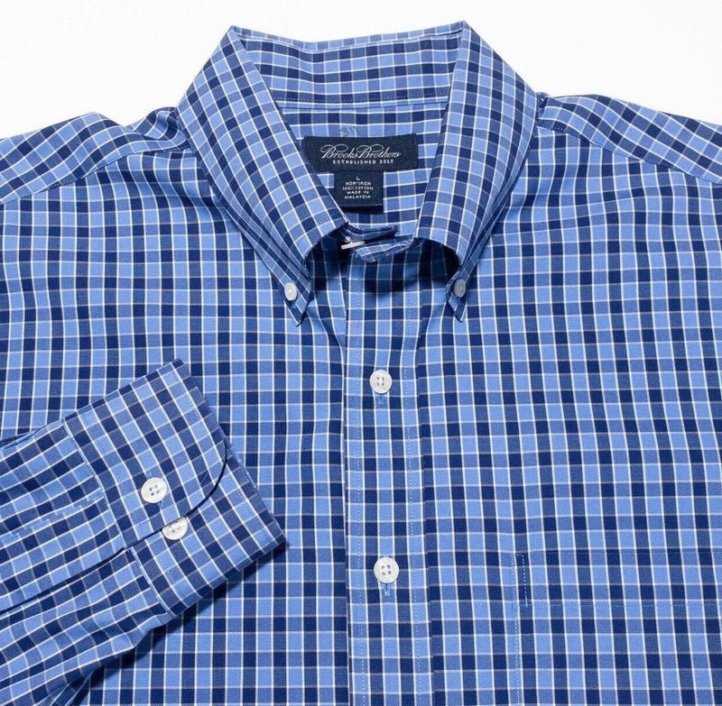 Brooks Brothers Men's Large Shirt Non-Iron Blue Check Long Sleeve Button-Down