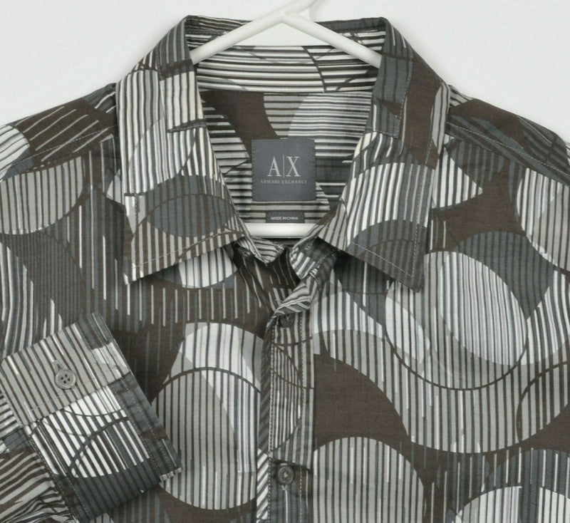 Armani Exchange A|X Men's Medium Geometric Striped Gray Brown Button-Front Shirt