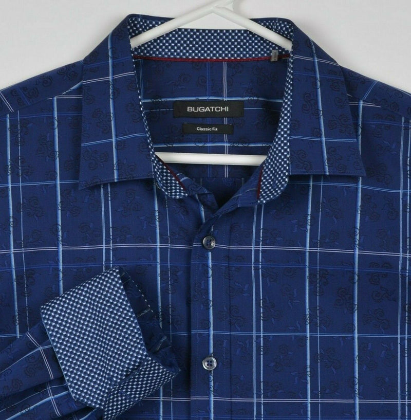 Bugatchi Uomo Men's Large Classic Fit Flip Cuff Navy Blue Plaid Paisley Shirt