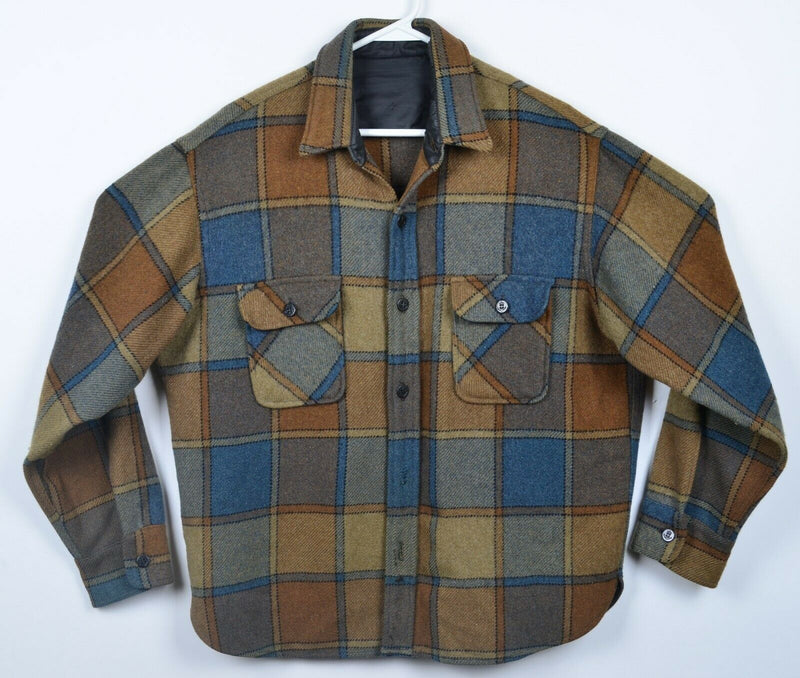 Vintage 60s CPO Men's Large? Wool Brown Blue Plaid Button-Front Shirt Jacket